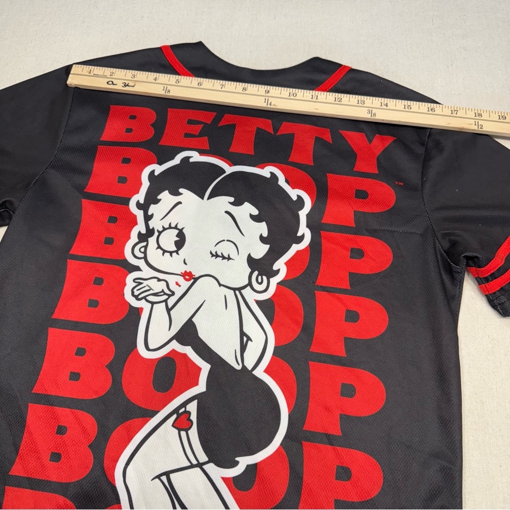 Betty Boop Baseball Jersey Womens Black Red Cartoon Graphic Button Front Size XS - Picture 10 of 11